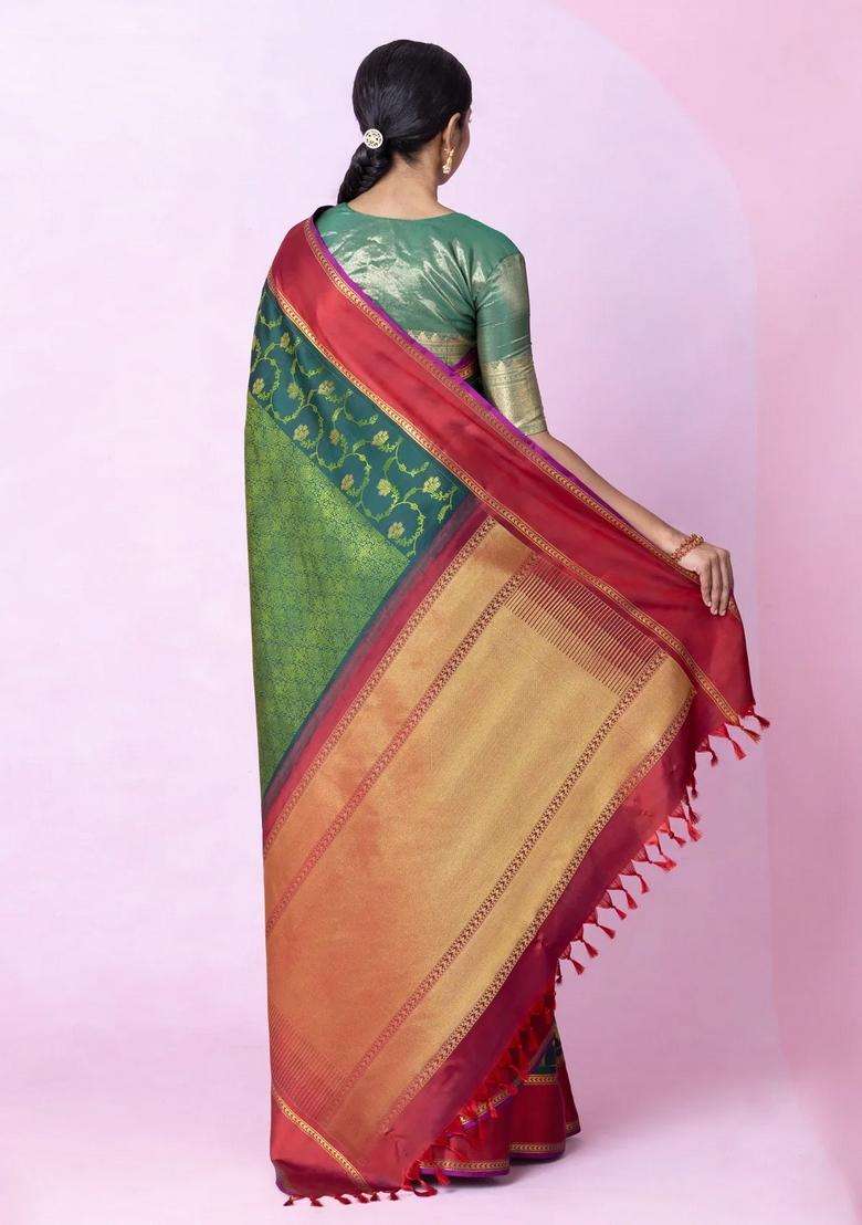 Dark Green Handloom Kanchipuram Silk Saree With Floral Motifs With Buttas And Brocade Design For Women - Indya