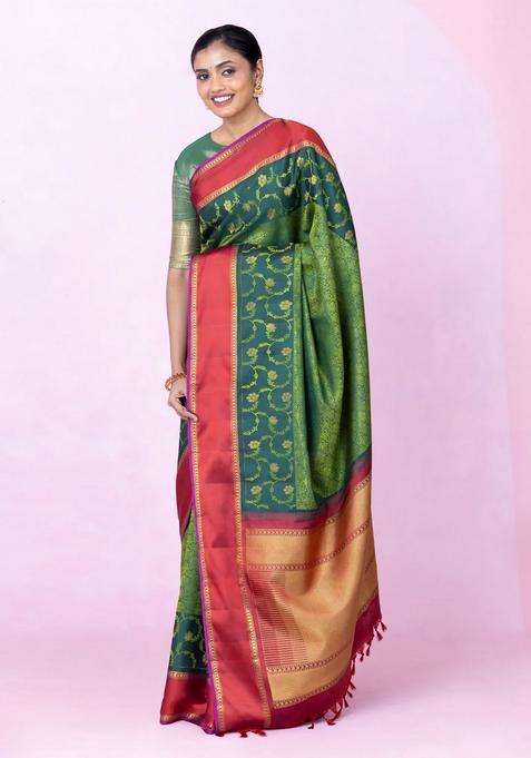 Dark Green Handloom Kanchipuram Silk Saree With Floral Motifs With Buttas And Brocade Design For Women