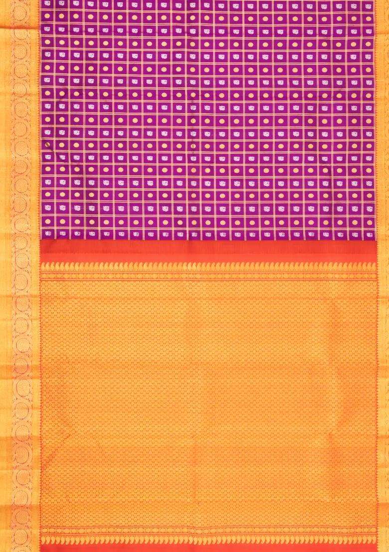Magenta Handloom Korvai Kanchipuram Silk Saree With Zari Checks Buttas With Korvai And Temple Border Design For Women - Indya