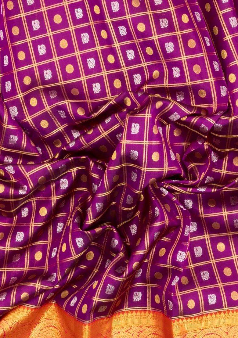 Magenta Handloom Korvai Kanchipuram Silk Saree With Zari Checks Buttas With Korvai And Temple Border Design For Women - Indya