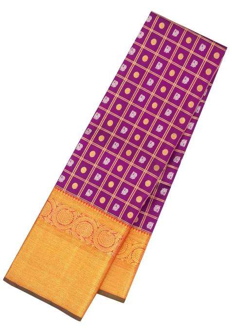 Magenta Handloom Korvai Kanchipuram Silk Saree With Zari Checks Buttas With Korvai And Temple Border Design For Women
