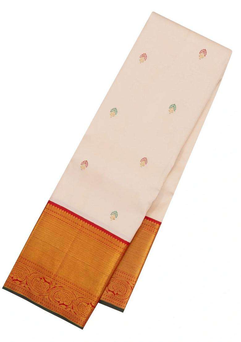 Cream Handloom Korvai Kanchipuram Silk Saree With Meena Buttas With Korvai And Temple Border Design For Women - Indya