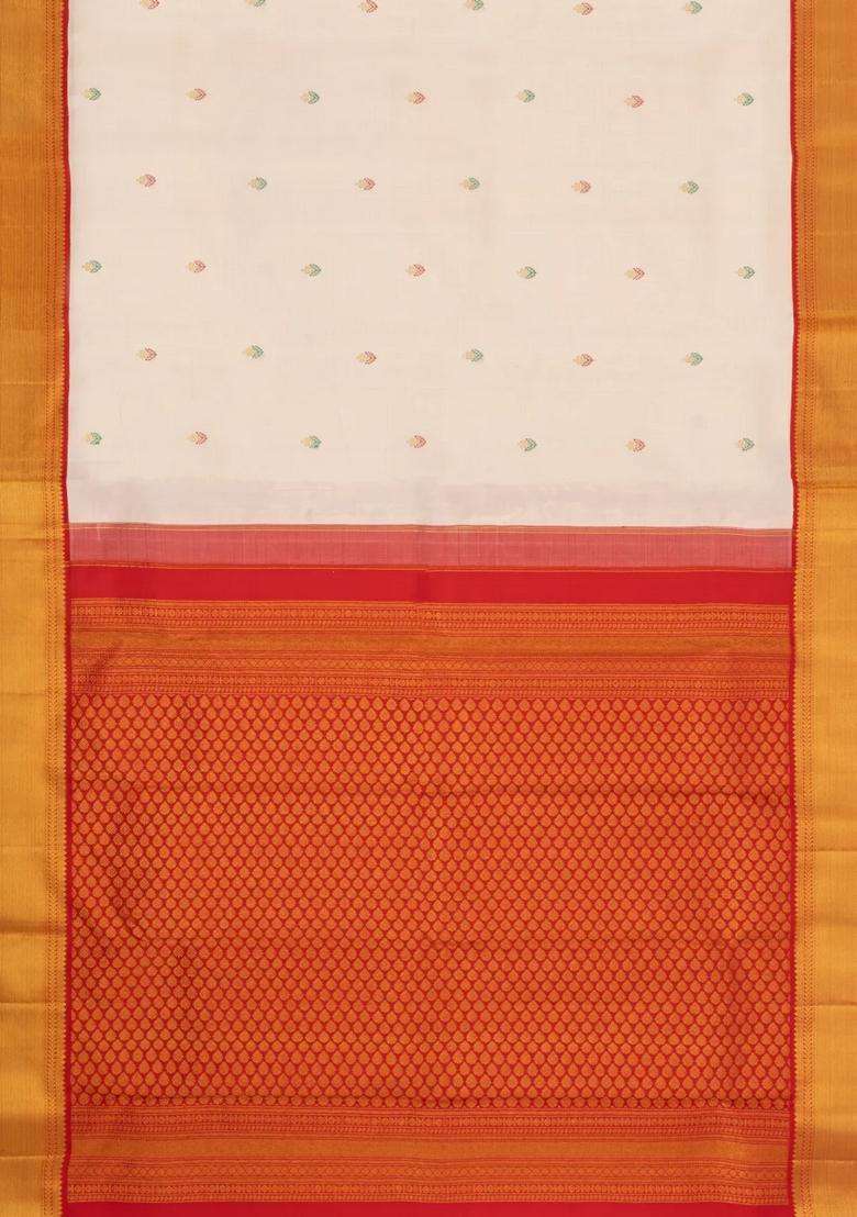 Cream Handloom Korvai Kanchipuram Silk Saree With Meena Buttas With Korvai And Temple Border Design For Women - Indya