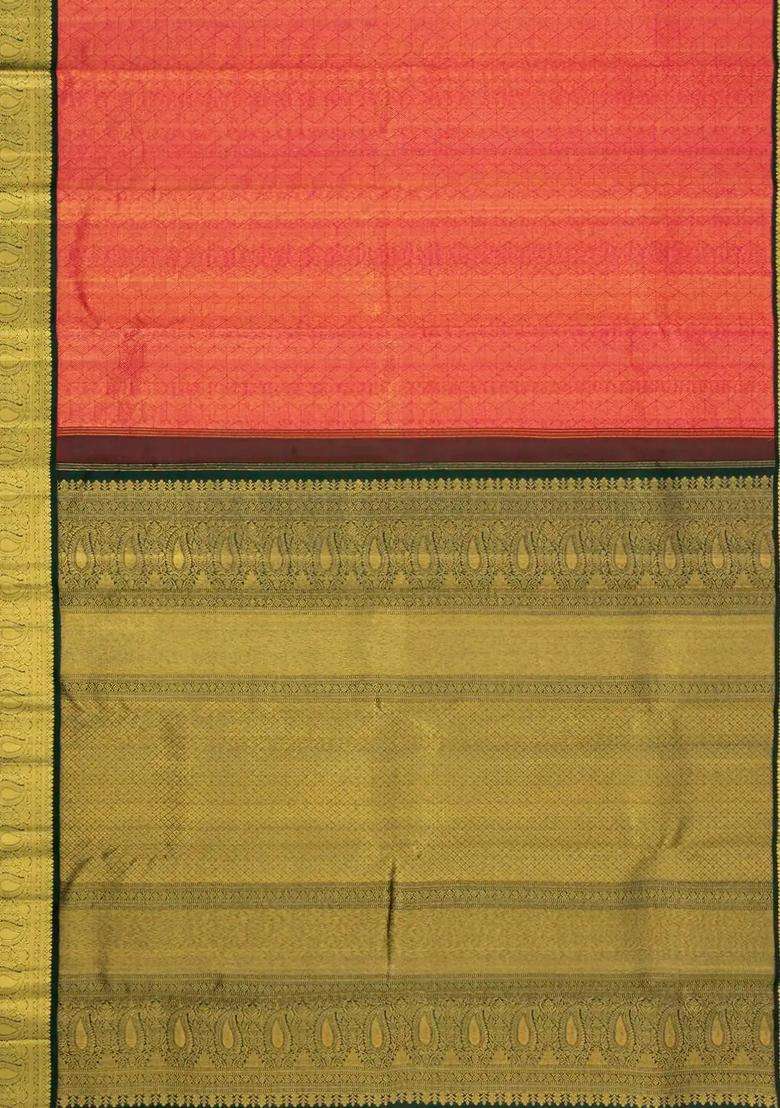 Red Handloom Korvai Kanchipuram Silk Saree With Green Border With Korvai And Temple Border Design For Women - Indya