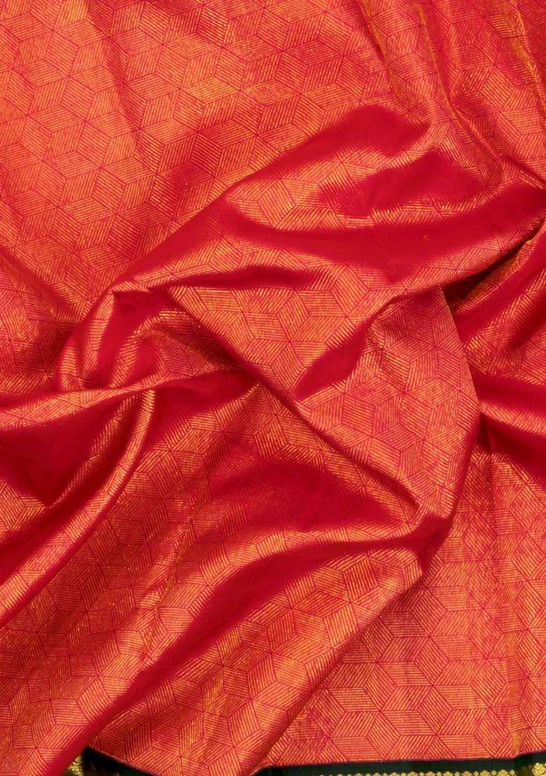 Red Handloom Korvai Kanchipuram Silk Saree With Green Border With Korvai And Temple Border Design For Women - Indya