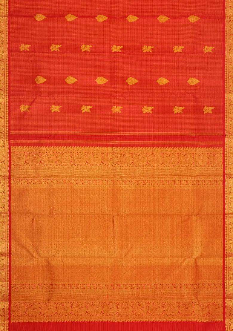 Red Handloom Kanchipuram Silk Saree With Zari Checks Buttas With Buttas And Brocade Design For Women - Indya