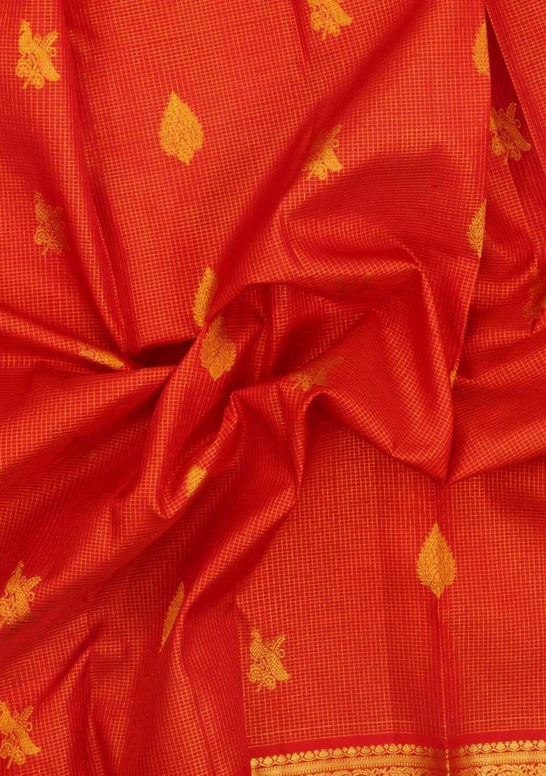 Red Handloom Kanchipuram Silk Saree With Zari Checks Buttas With Buttas And Brocade Design For Women - Indya