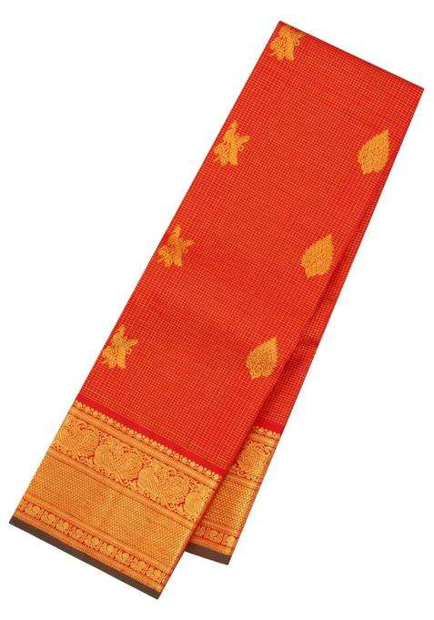 Red Handloom Kanchipuram Silk Saree With Zari Checks Buttas With Buttas And Brocade Design For Women