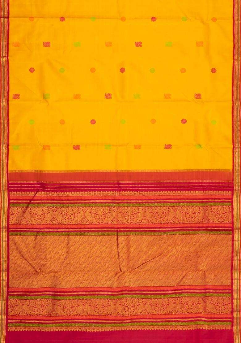 Yellow Handloom Korvai Kanchipuram Silk Saree With Silk Buttas With Korvai And Temple Border Design For Women - Indya