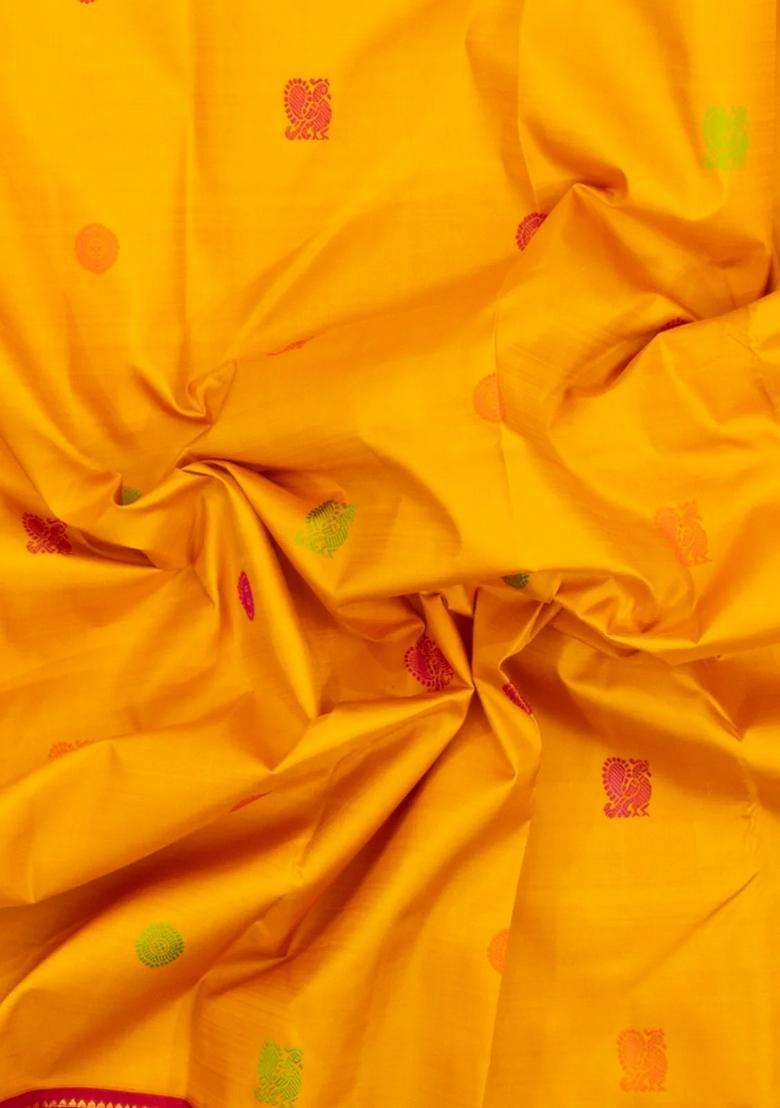 Yellow Handloom Korvai Kanchipuram Silk Saree With Silk Buttas With Korvai And Temple Border Design For Women - Indya