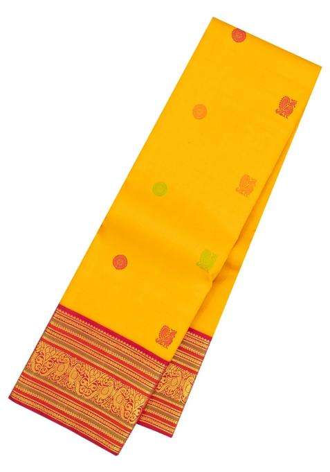 Yellow Handloom Korvai Kanchipuram Silk Saree With Silk Buttas With Korvai And Temple Border Design For Women