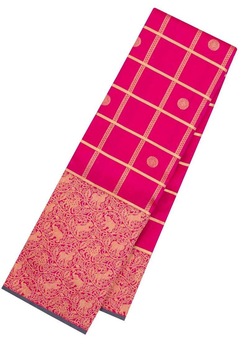 Pink Handloom Kanchipuram Silk Saree With Zari Checks Buttas With Buttas And Brocade Design For Women - Indya