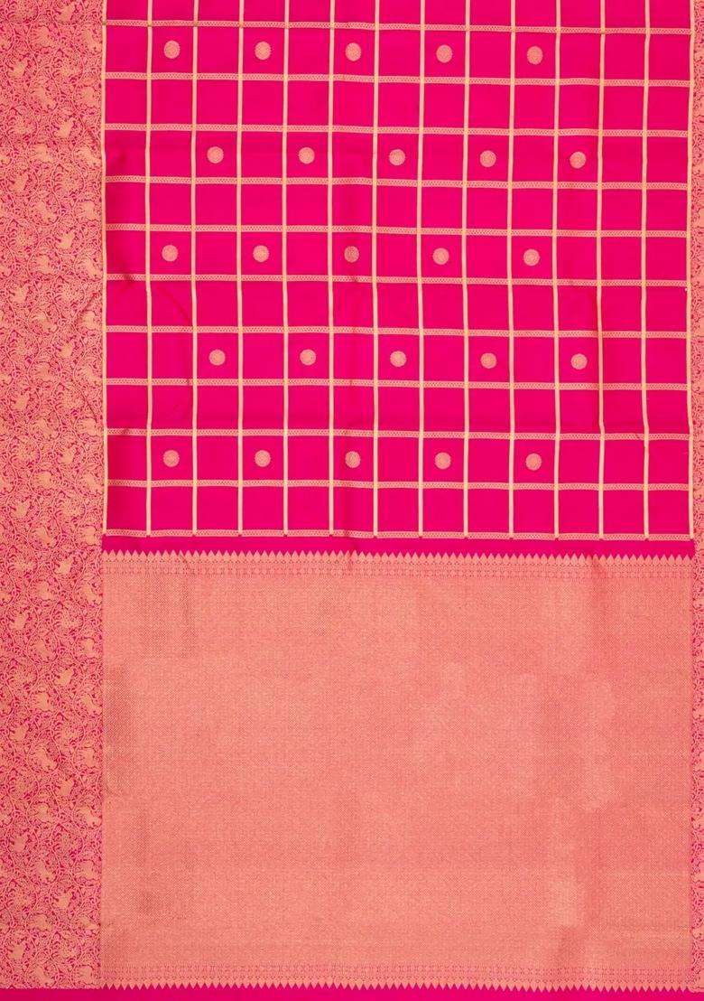 Pink Handloom Kanchipuram Silk Saree With Zari Checks Buttas With Buttas And Brocade Design For Women - Indya