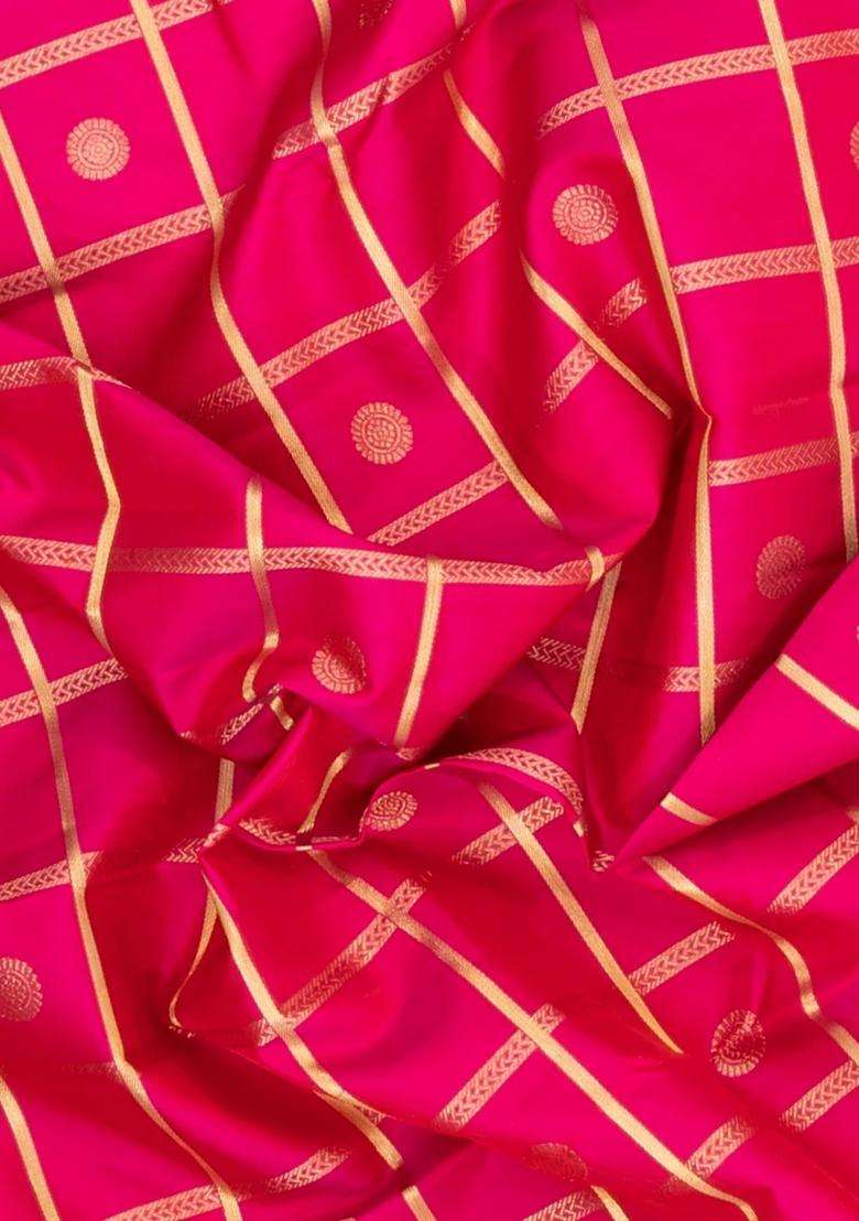 Pink Handloom Kanchipuram Silk Saree With Zari Checks Buttas With Buttas And Brocade Design For Women - Indya
