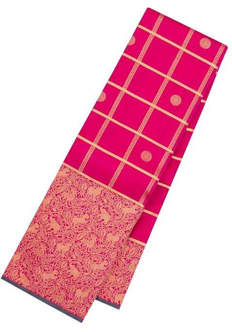 Pink Handloom Kanchipuram Silk Saree With Zari Checks Buttas With Buttas And Brocade Design For Women