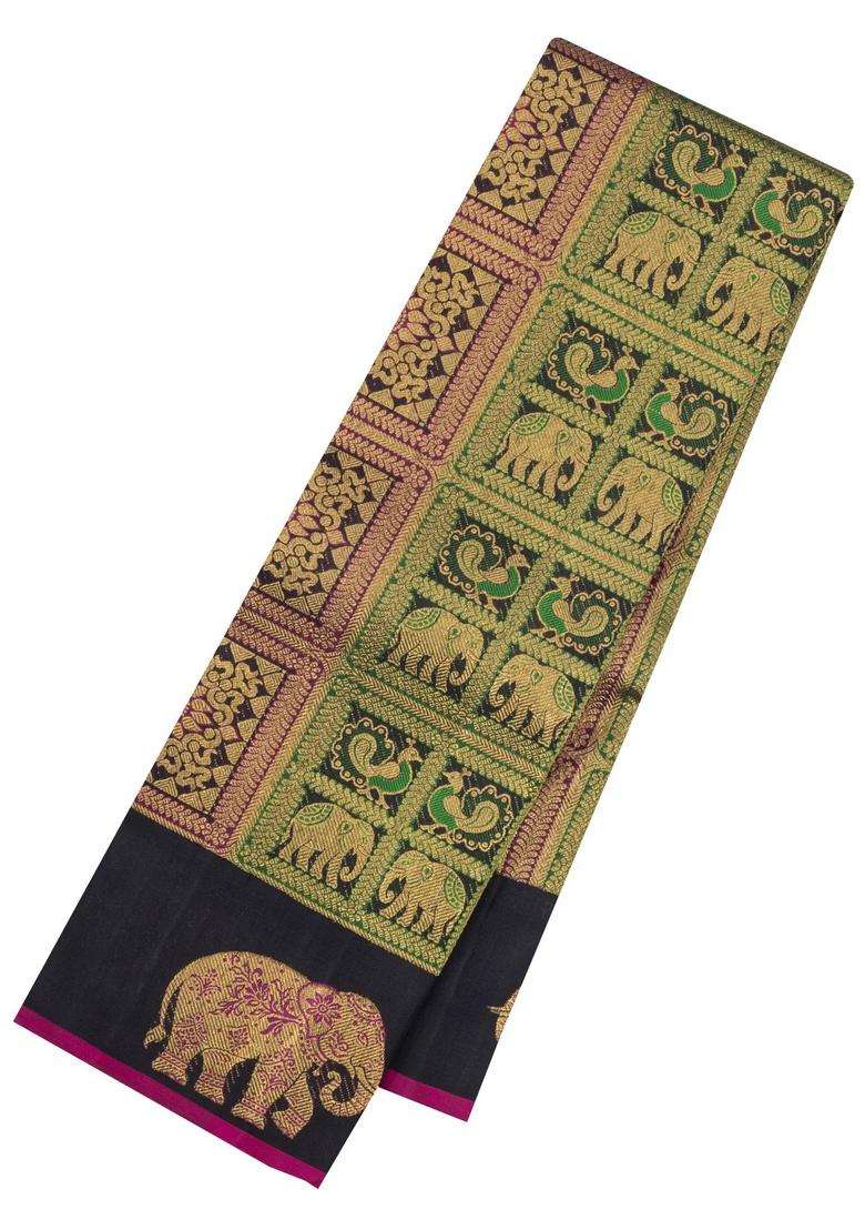 Black Handloom Kanchipuram Silk Saree With Bomkai Motifs With Buttas And Brocade Design For Women - Indya