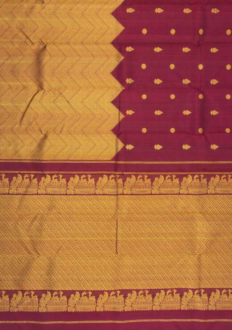Maroon Handloom Kanchipuram Silk Saree With Buttas With Buttas And Brocade Design For Women - Indya