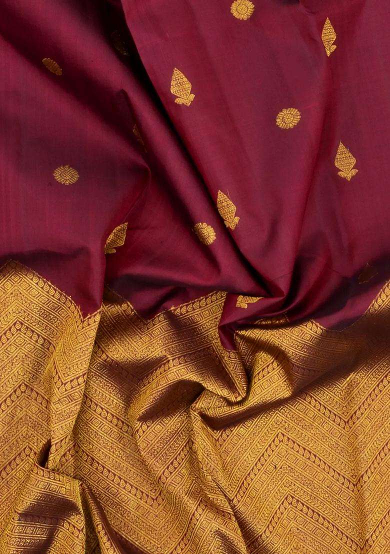 Maroon Handloom Kanchipuram Silk Saree With Buttas With Buttas And Brocade Design For Women - Indya