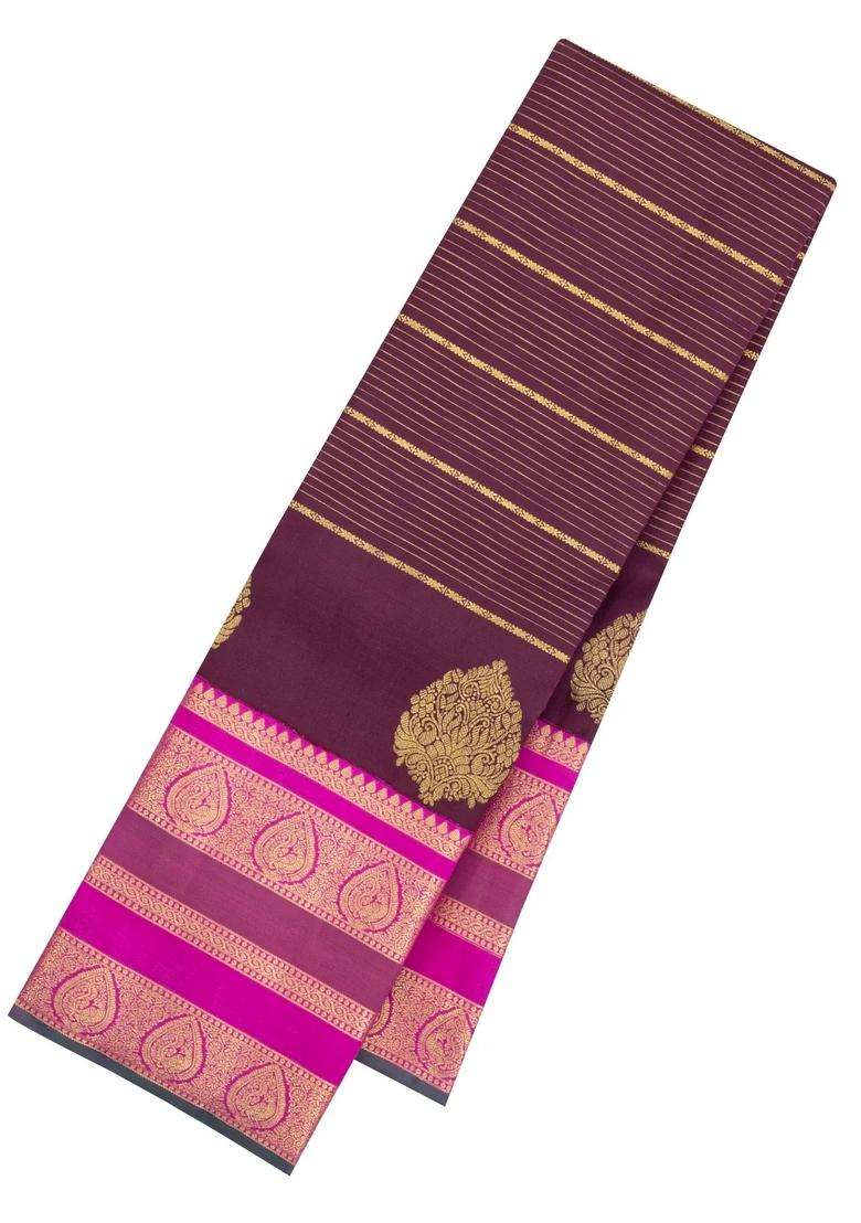 Dark Maroon Handloom Kanchipuram Silk Saree With Zari Stripes Buttas With Buttas And Brocade Design For Women - Indya