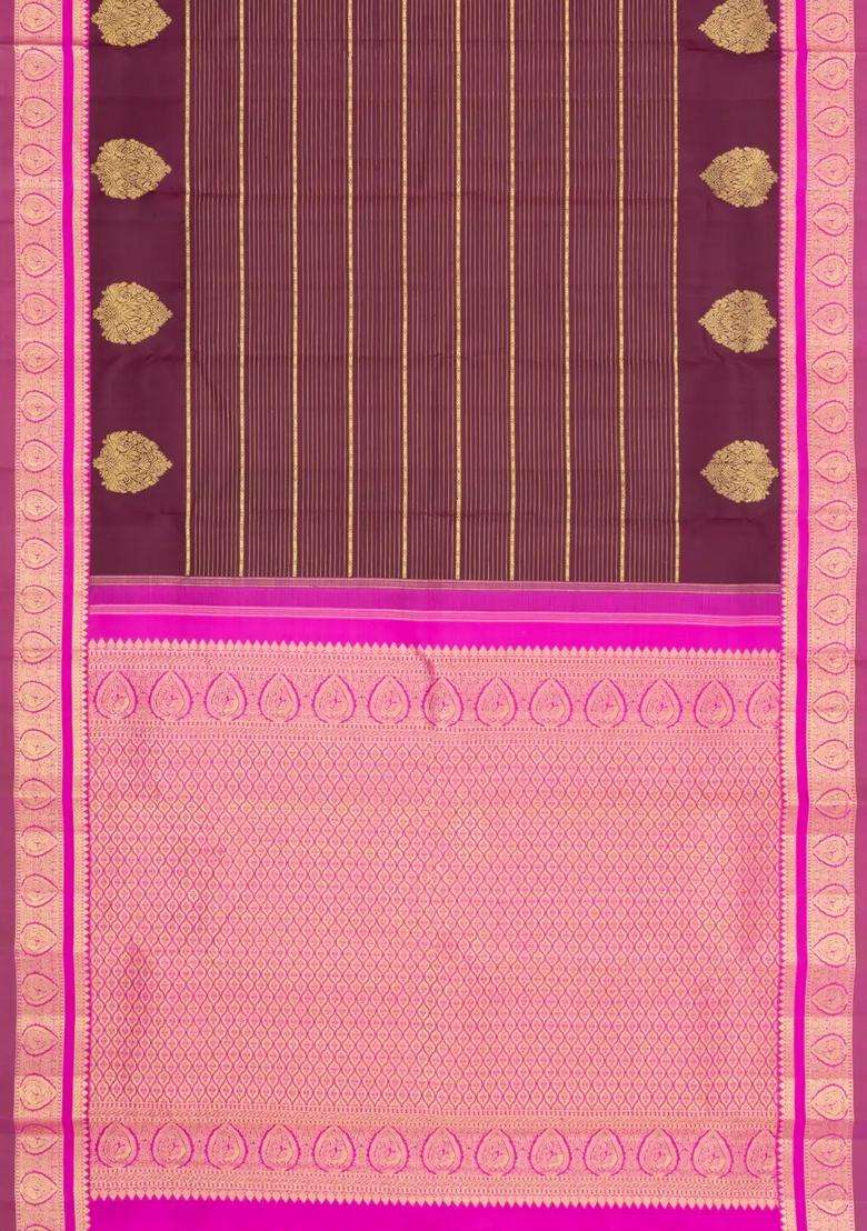 Dark Maroon Handloom Kanchipuram Silk Saree With Zari Stripes Buttas With Buttas And Brocade Design For Women - Indya