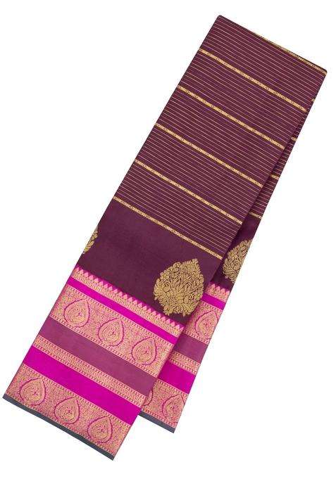 Dark Maroon Handloom Kanchipuram Silk Saree With Zari Stripes Buttas With Buttas And Brocade Design For Women