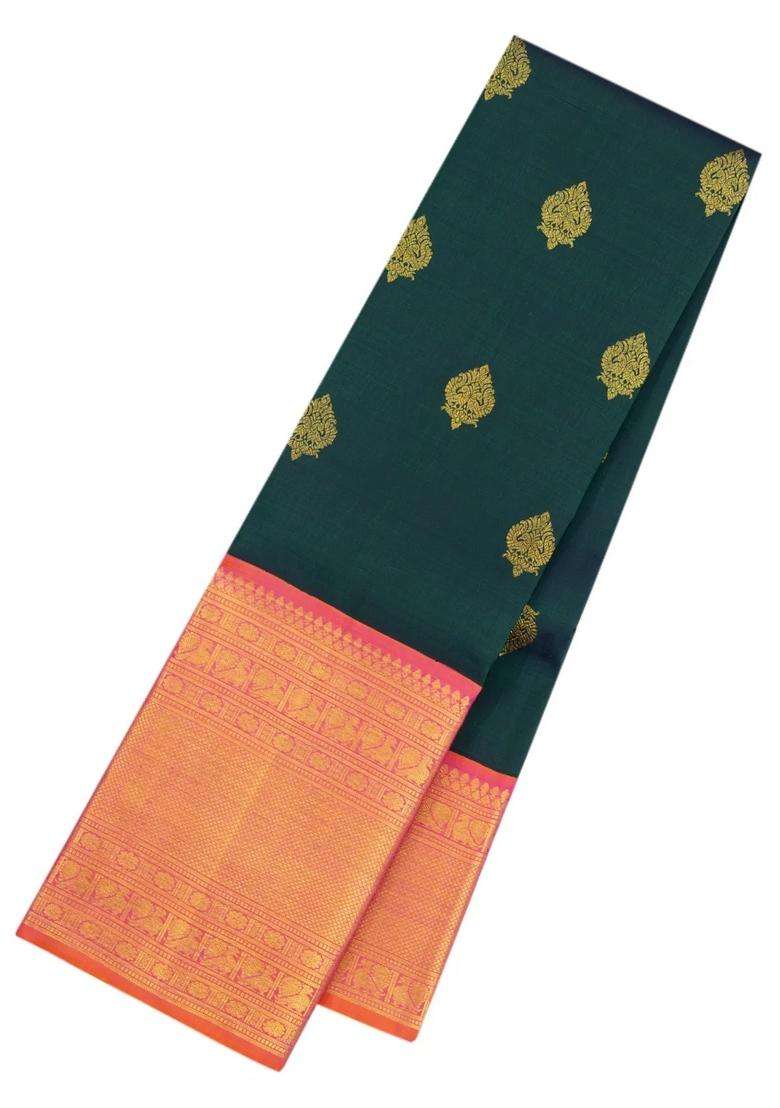 Bottle Green Handloom Korvai Kanchipuram Silk Saree With Zari Buttas With Korvai And Temple Border Design For Women - Indya