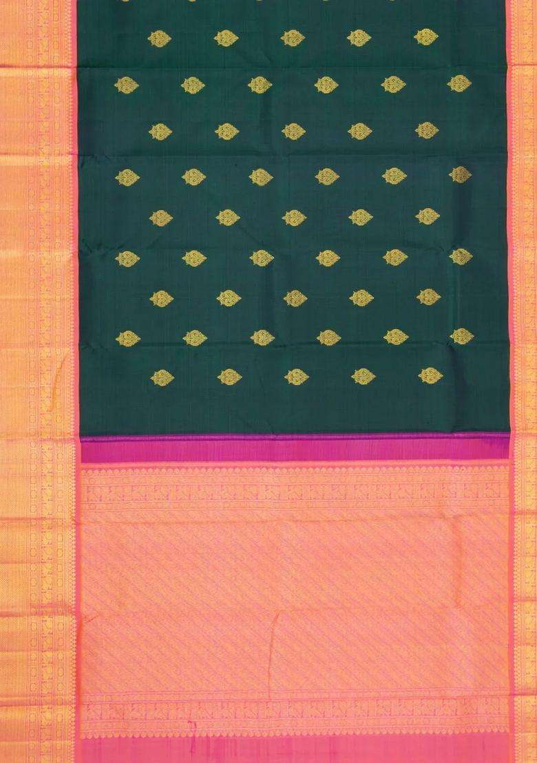 Bottle Green Handloom Korvai Kanchipuram Silk Saree With Zari Buttas With Korvai And Temple Border Design For Women - Indya