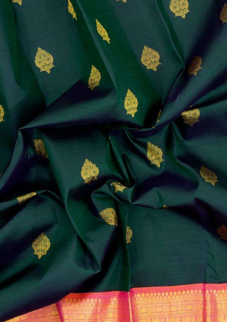 Bottle Green Handloom Korvai Kanchipuram Silk Saree With Zari Buttas With Korvai And Temple Border Design For Women - Indya