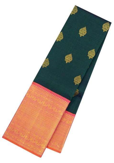 Bottle Green Handloom Korvai Kanchipuram Silk Saree With Zari Buttas With Korvai And Temple Border Design For Women