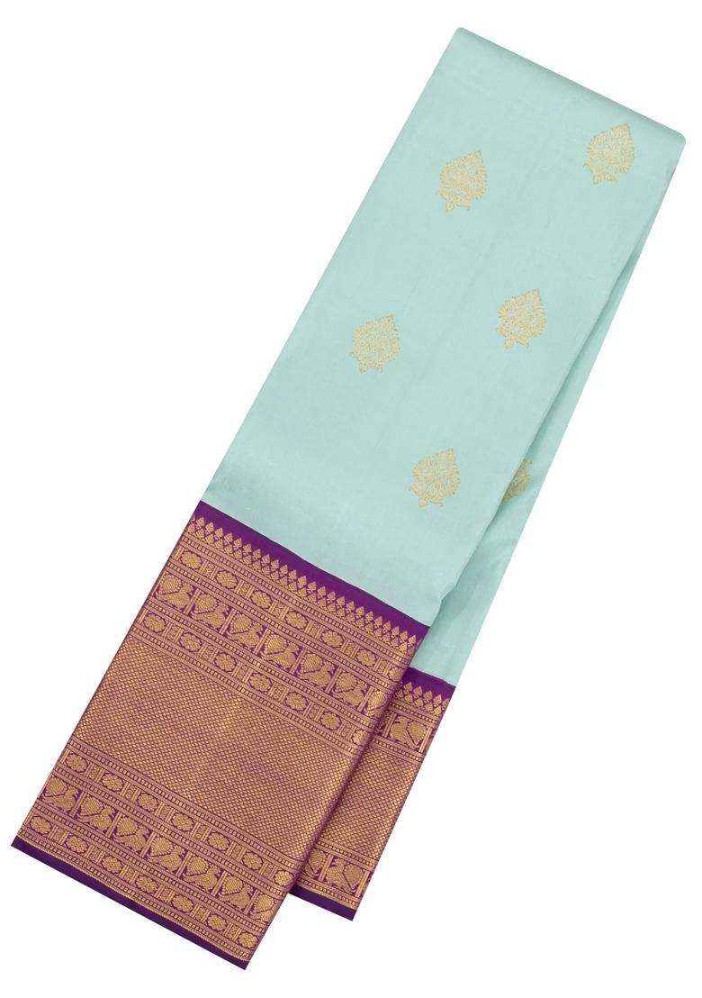 Turquoise Handloom Korvai Kanchipuram Silk Saree With Zari Buttas With Korvai And Temple Border Design For Women - Indya