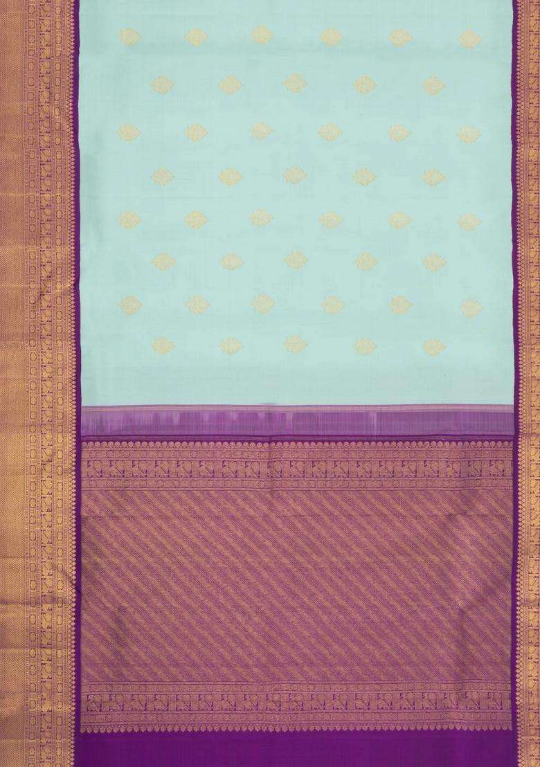 Turquoise Handloom Korvai Kanchipuram Silk Saree With Zari Buttas With Korvai And Temple Border Design For Women - Indya