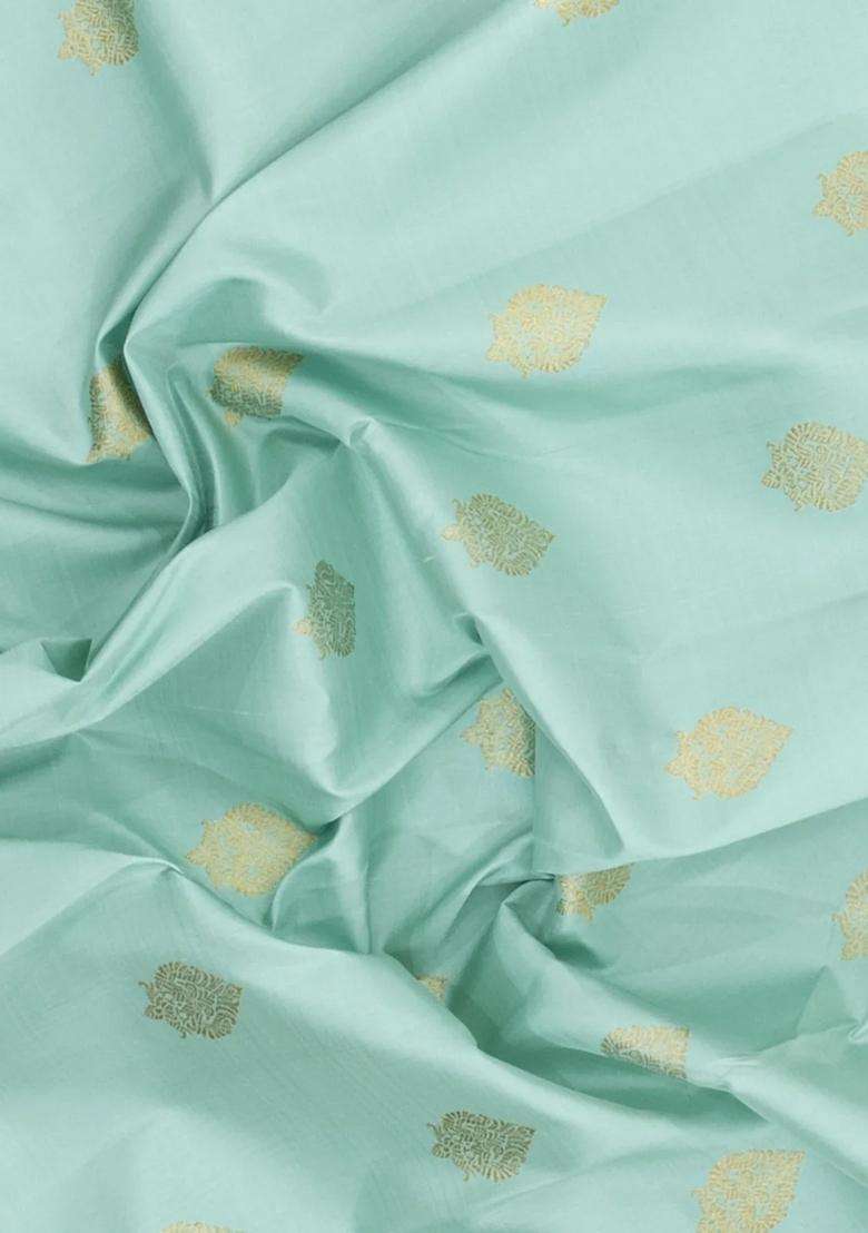 Turquoise Handloom Korvai Kanchipuram Silk Saree With Zari Buttas With Korvai And Temple Border Design For Women - Indya