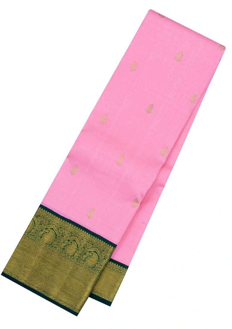 Baby Pink Handloom Korvai Kanchipuram Silk Saree With Zari Buttas With Korvai And Temple Border Design For Women - Indya