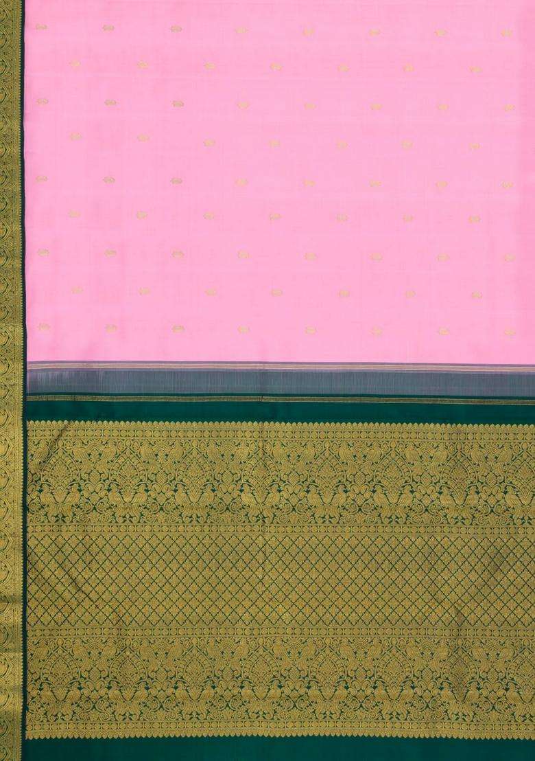 Baby Pink Handloom Korvai Kanchipuram Silk Saree With Zari Buttas With Korvai And Temple Border Design For Women - Indya