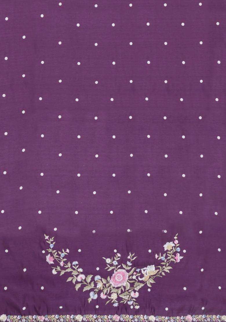 Lilac Embroidered Blended Satin Art Silk Saree With Floral Motifs For Women - Indya