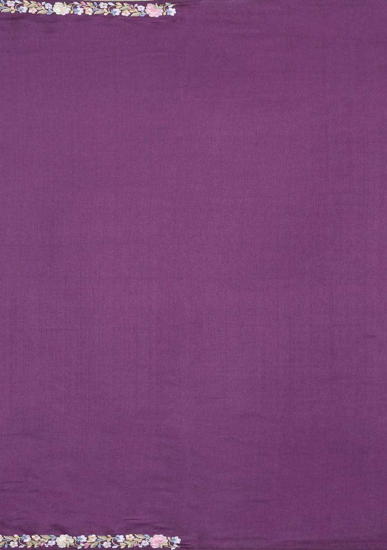 Lilac Embroidered Blended Satin Art Silk Saree With Floral Motifs For Women - Indya