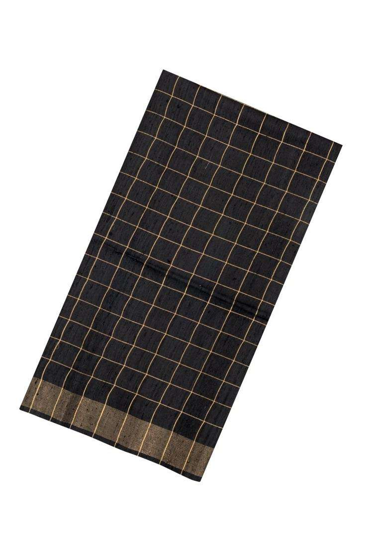Black Handloom Dupion Silk Saree With Checks Printed Pallu For Women - Indya