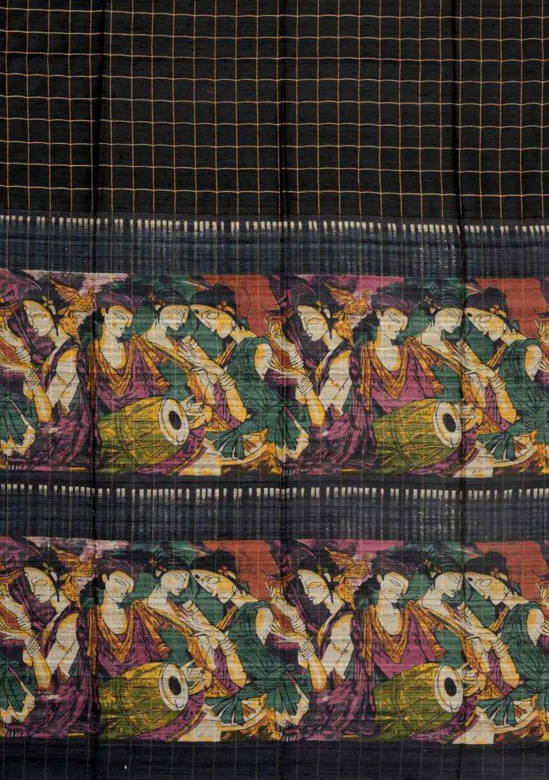 Black Handloom Dupion Silk Saree With Checks Printed Pallu For Women - Indya