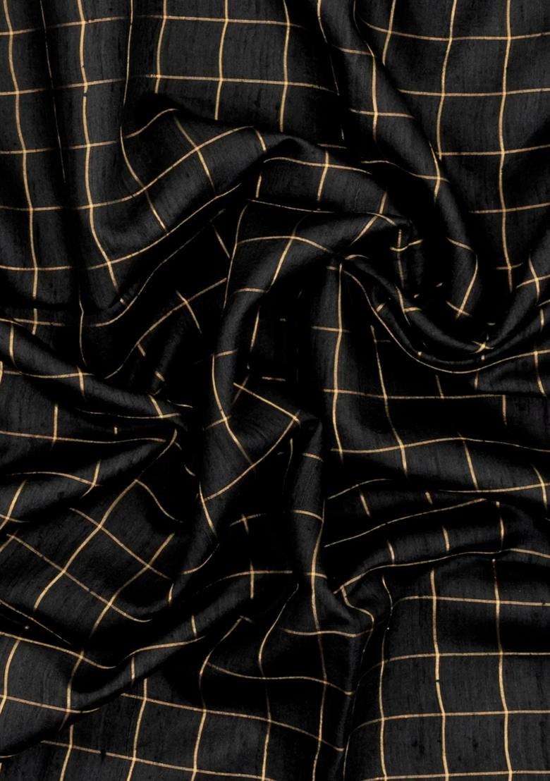 Black Handloom Dupion Silk Saree With Checks Printed Pallu For Women - Indya