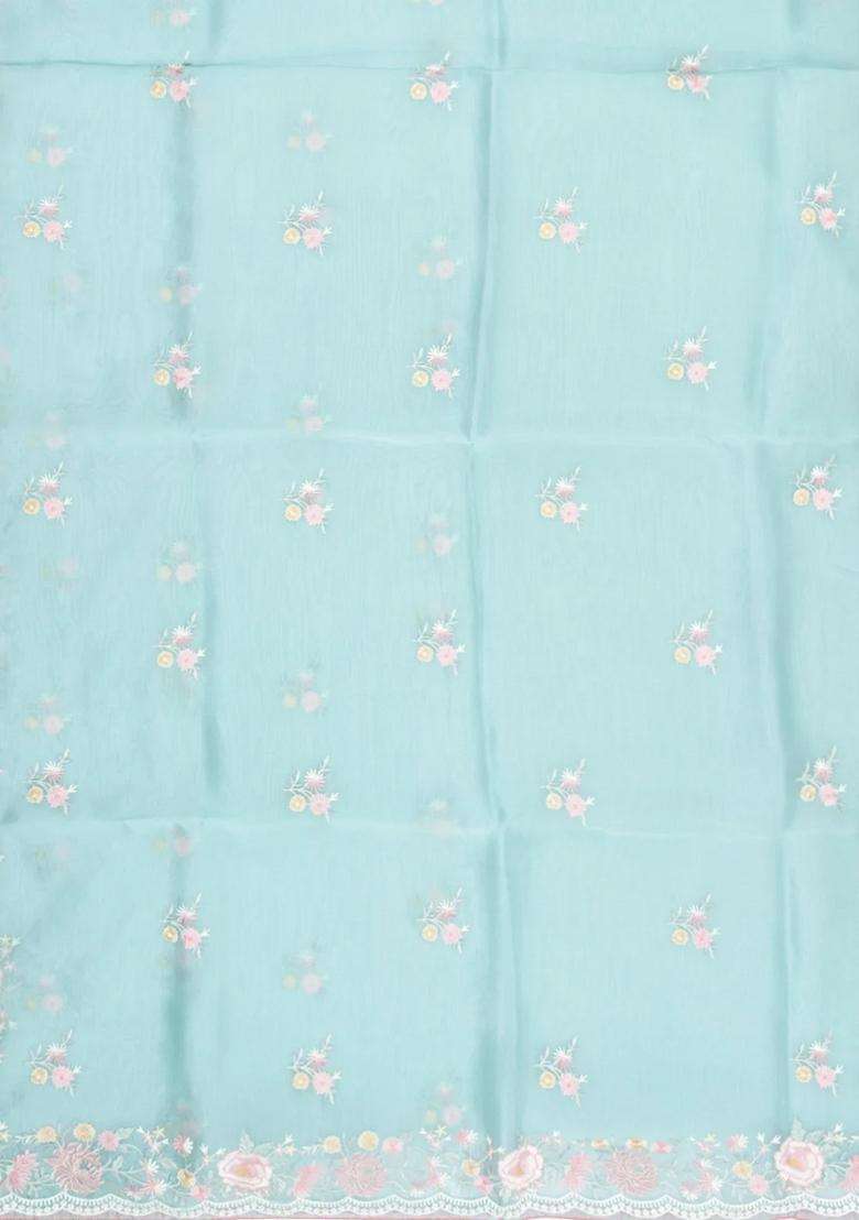 Turquoise Embroidered Blended Organza Saree With Meena Floral Motifs For Women - Indya