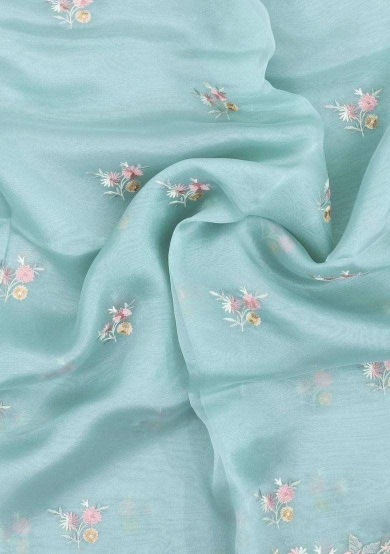 Turquoise Embroidered Blended Organza Saree With Meena Floral Motifs For Women - Indya