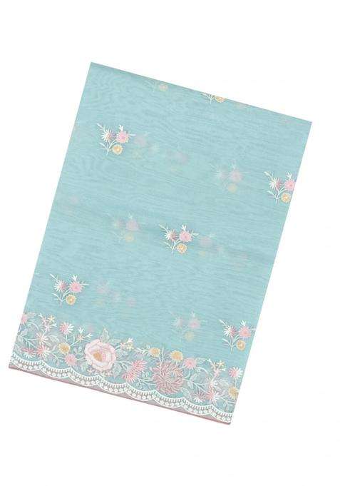 Turquoise Embroidered Blended Organza Saree With Meena Floral Motifs For Women