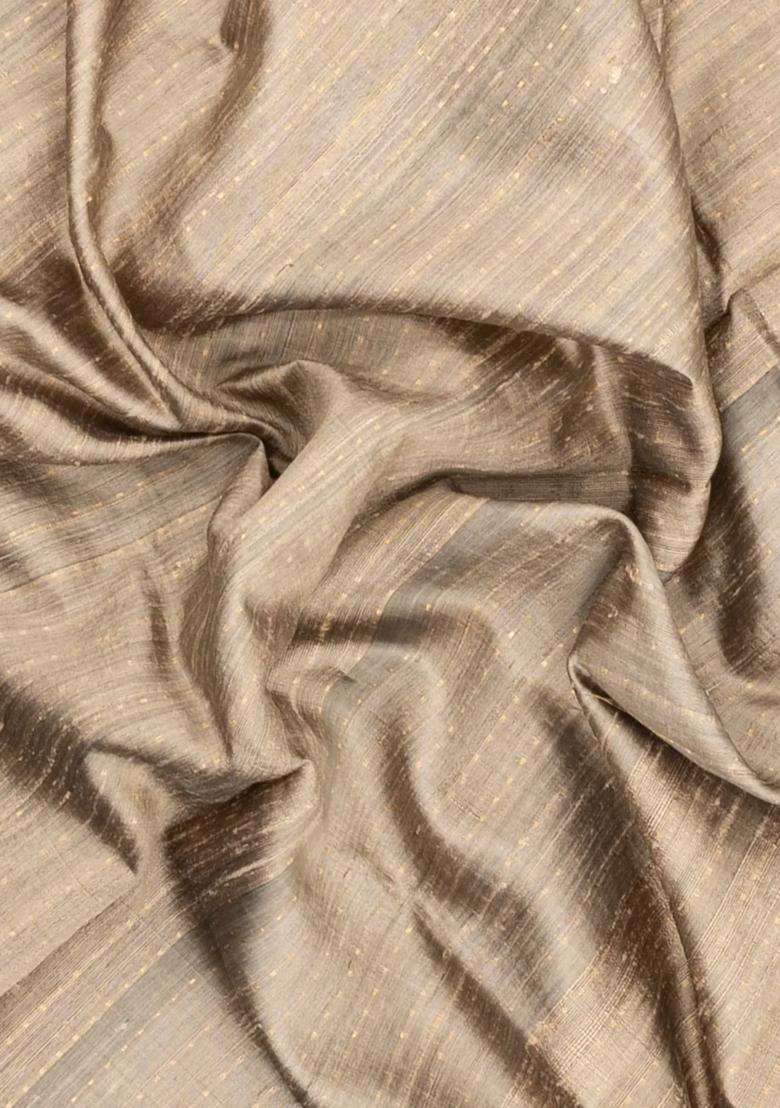 Taupe Woven Dupion Silk Saree With Dotted Stirpes Contrast Border With Checks And Stripes Design For Women - Indya