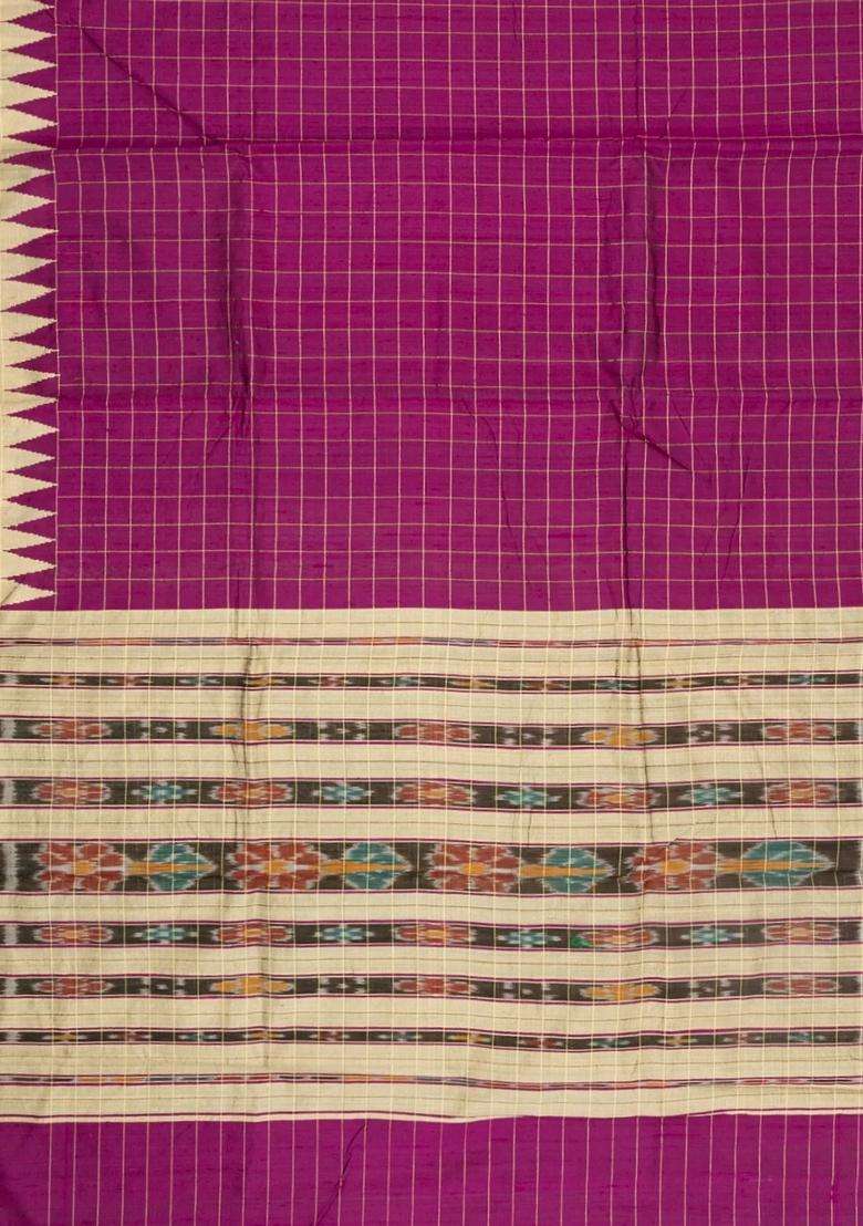 Magenta Woven Dupion Silk Saree With Checks Contrast Border With Checks And Stripes Design For Women - Indya