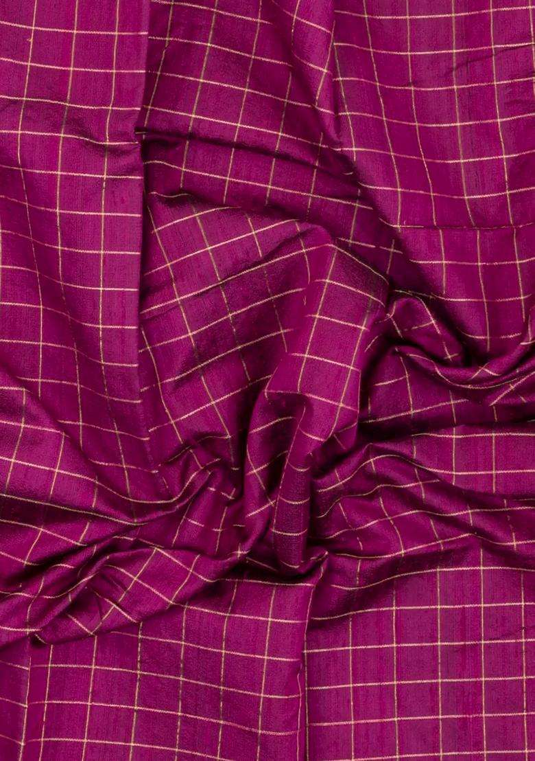 Magenta Woven Dupion Silk Saree With Checks Contrast Border With Checks And Stripes Design For Women - Indya