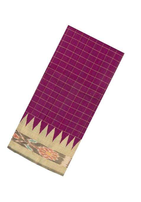 Magenta Woven Dupion Silk Saree With Checks Contrast Border With Checks And Stripes Design For Women