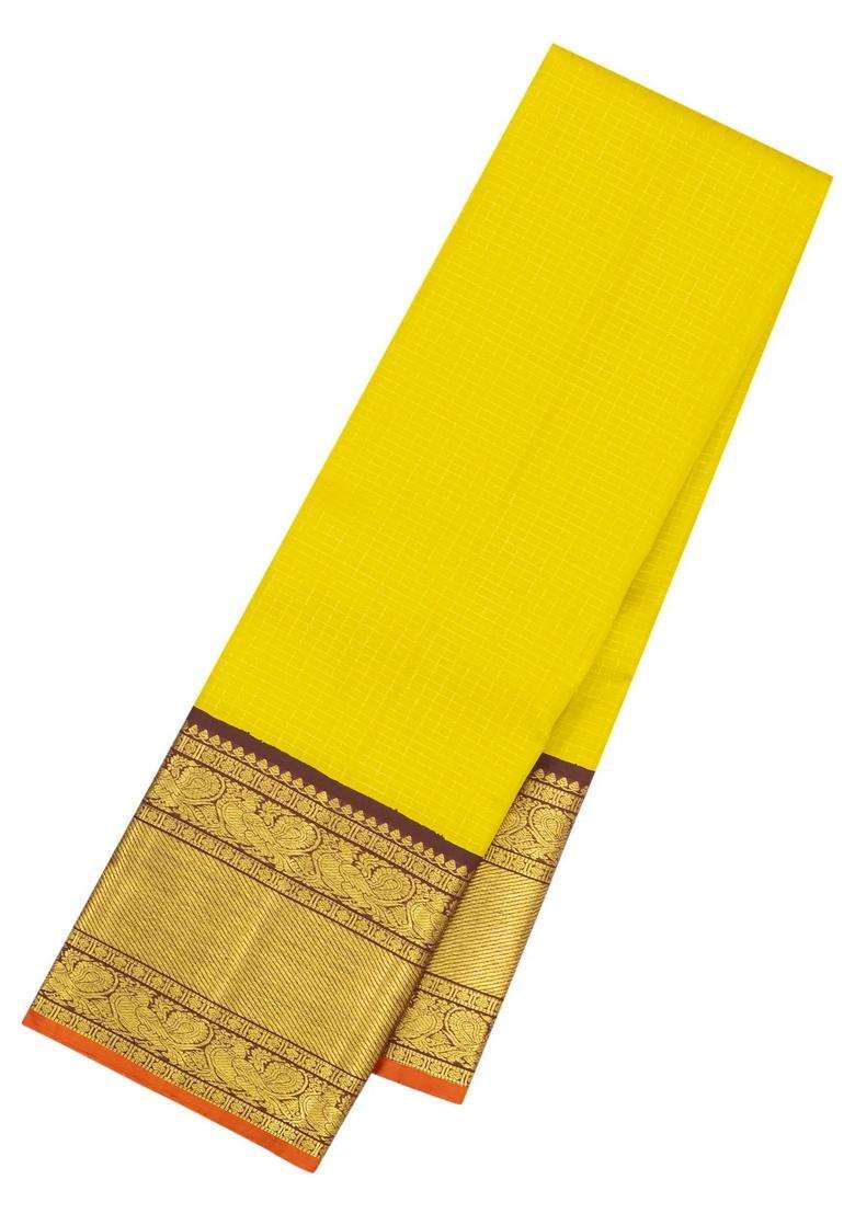 Yellow Handloom Korvai Kanchipuram Silk Saree With Zari Checks Maroon Border With Korvai And Temple Border Design For Women - Indya