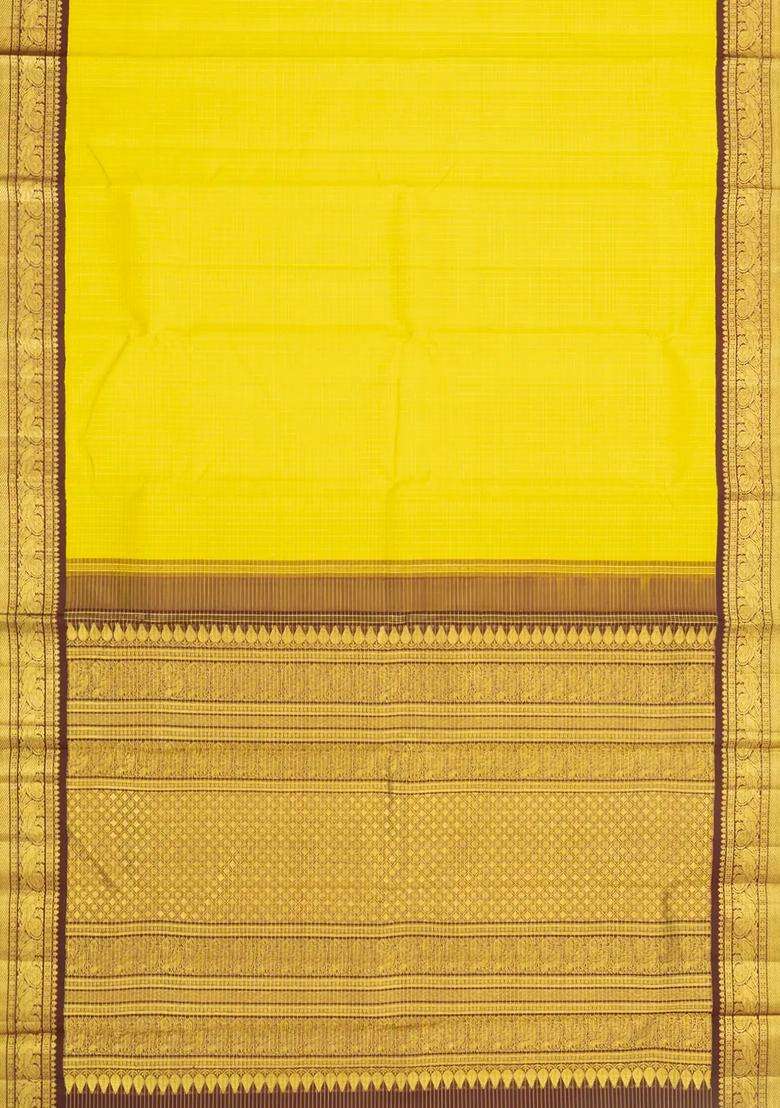 Yellow Handloom Korvai Kanchipuram Silk Saree With Zari Checks Maroon Border With Korvai And Temple Border Design For Women - Indya