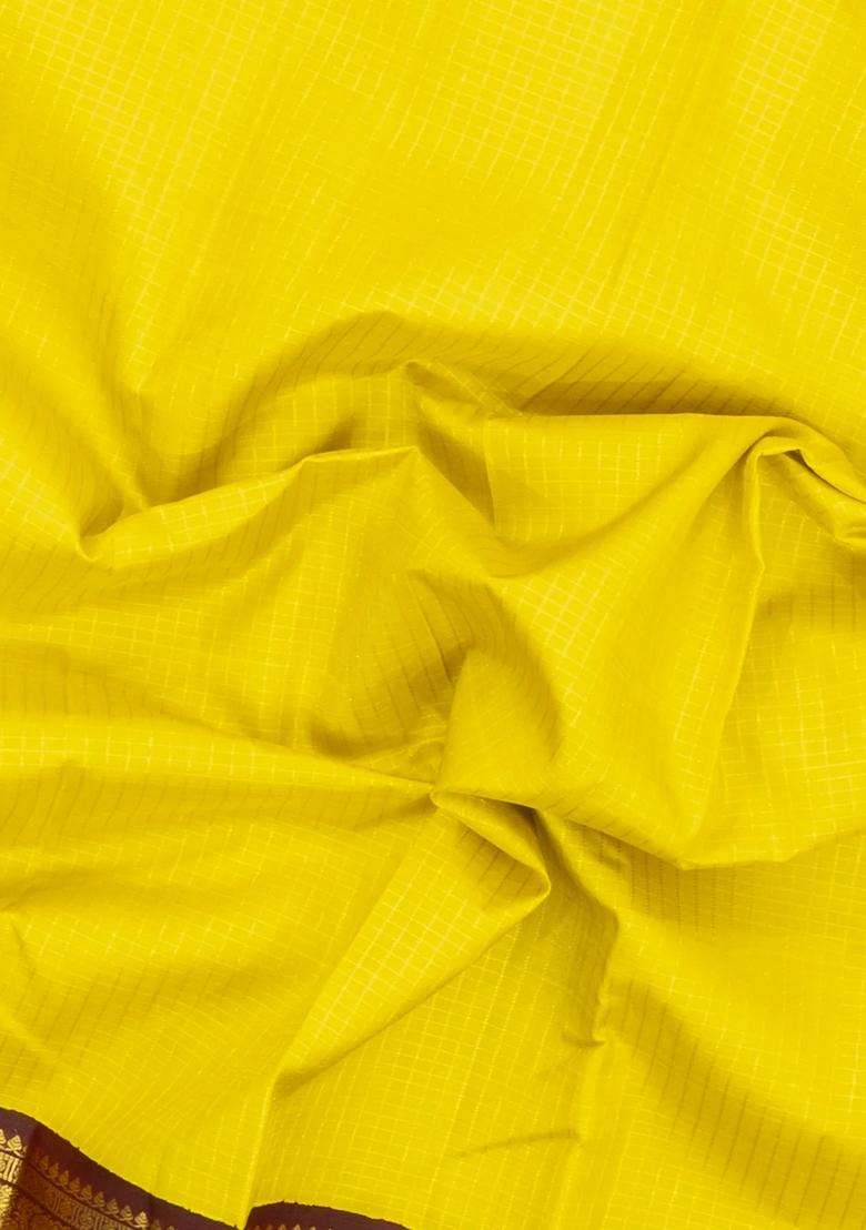 Yellow Handloom Korvai Kanchipuram Silk Saree With Zari Checks Maroon Border With Korvai And Temple Border Design For Women - Indya