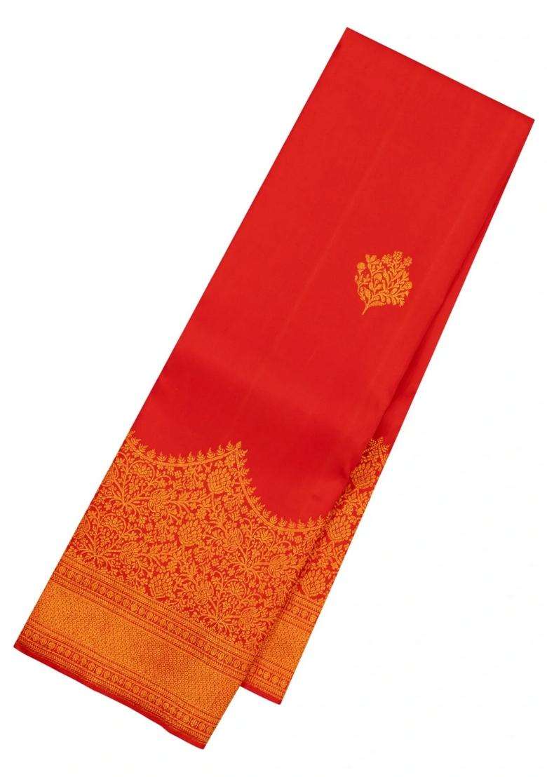 Red Handloom Kanchipuram Silk Saree With Floral Zari Motifs With Buttas And Brocade Design For Women - Indya